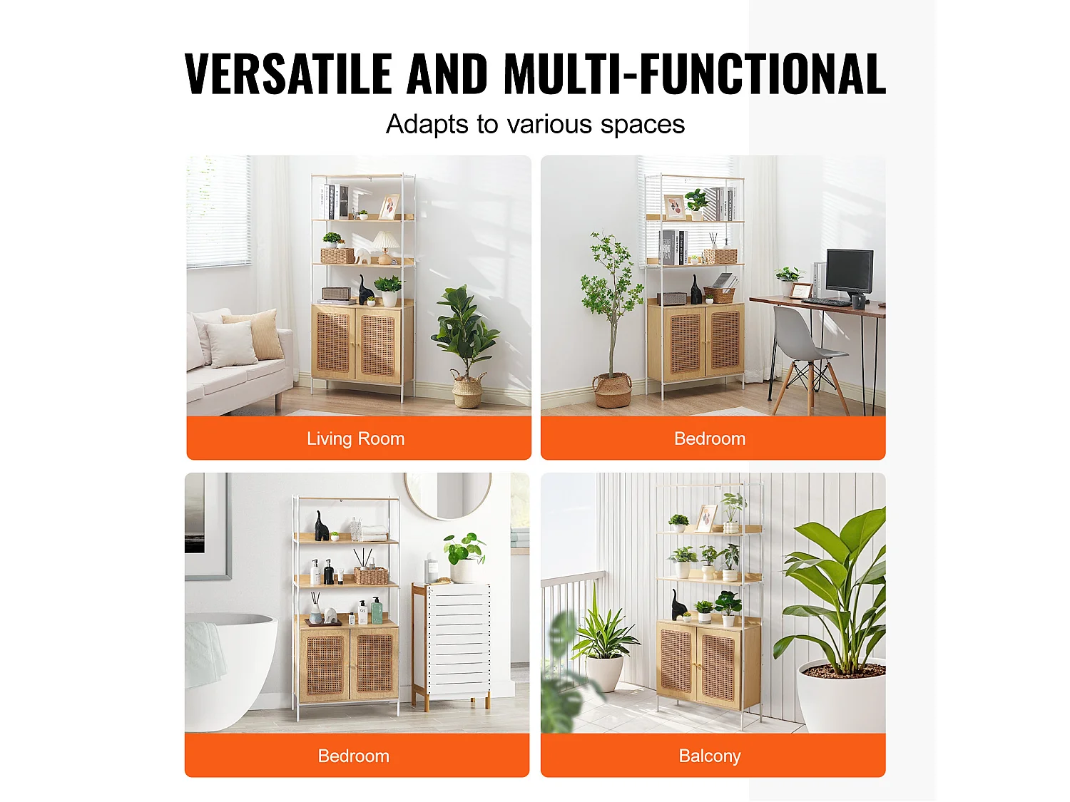 Bibliothèque en Rotin SucceBuy, Étagère à Échelle à 2 Portes, Étagère de Rangement, Couleur Naturelle