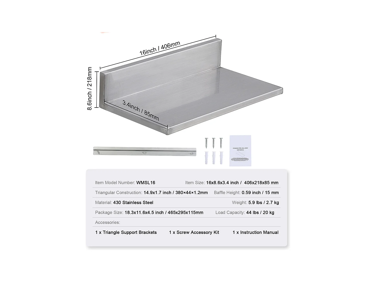 Étagère Murale SucceBuy en Acier Inoxydable 40.64 x 21.84CM pour Cuisine Et Restaurant