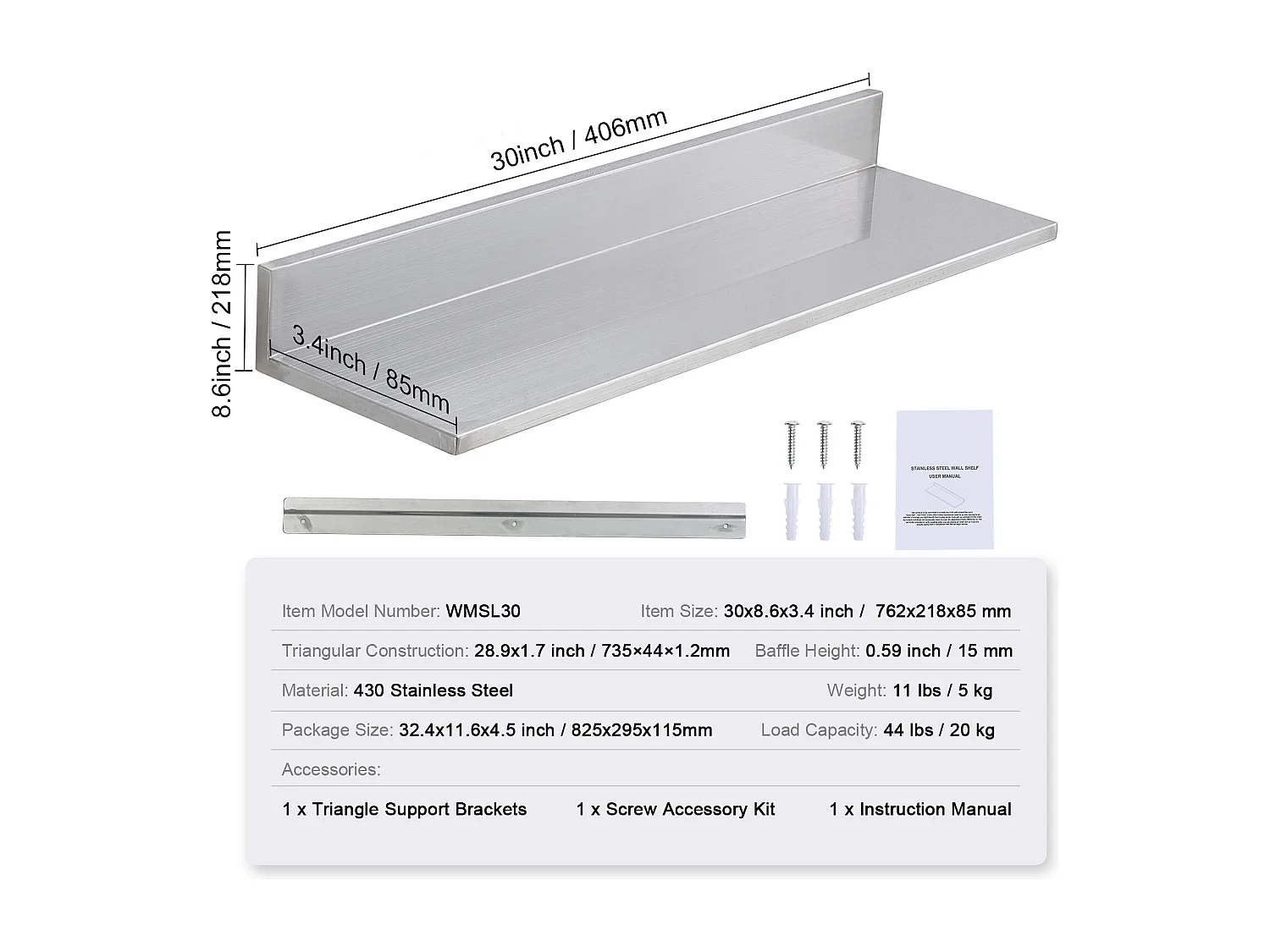 Étagère Murale SucceBuy en Acier Inoxydable 30 x 8,6 pour Cuisine Et Restaurant