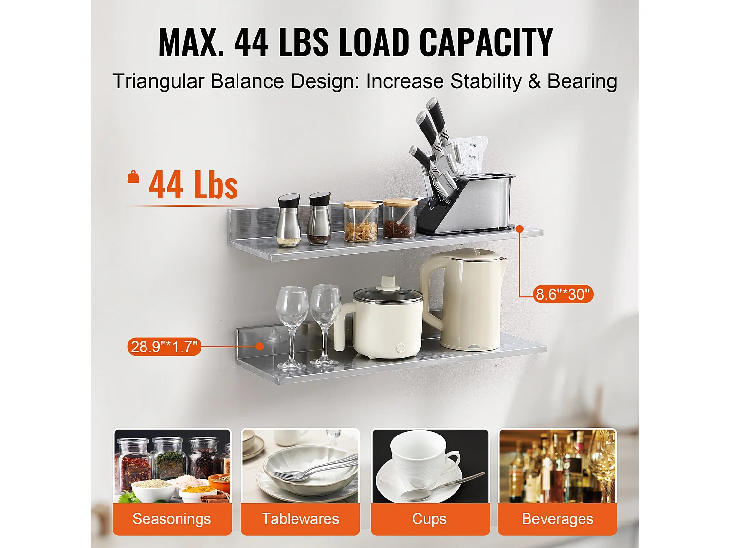 Étagère Murale SucceBuy en Acier Inoxydable 30 x 8,6 pour Cuisine Et Restaurant