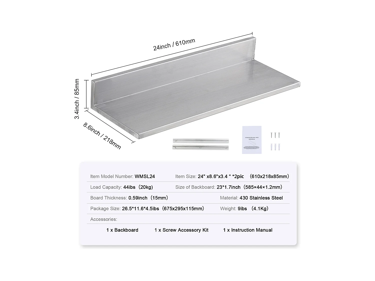 Étagère Murale SucceBuy en Acier Inoxydable 61 x 21,8 cm pour Cuisine Et Restaurant