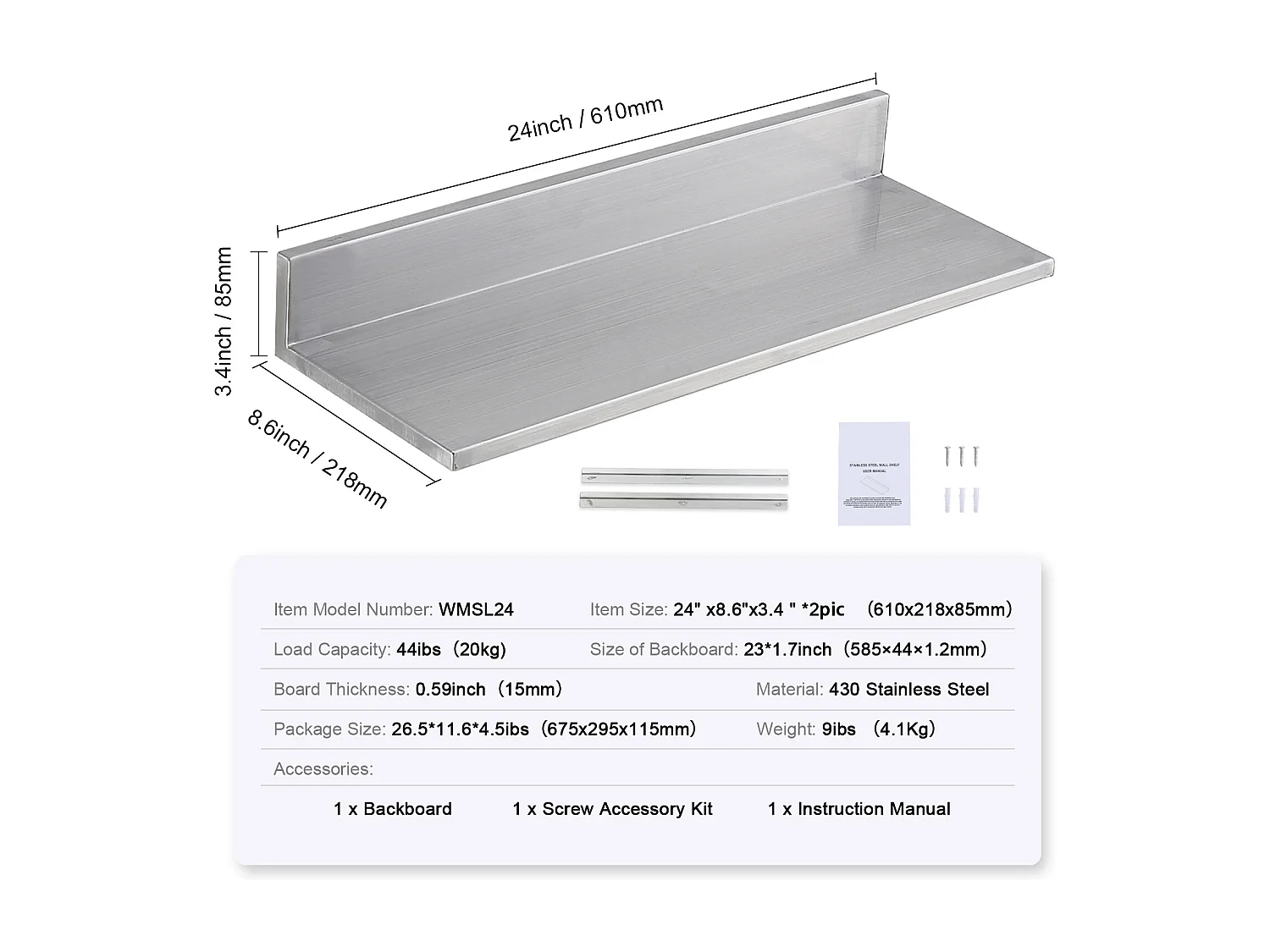 Scaffale a Parete SucceBuy in Acciaio Inossidabile 61 x 21,8 cm per Cucina E Ristorante