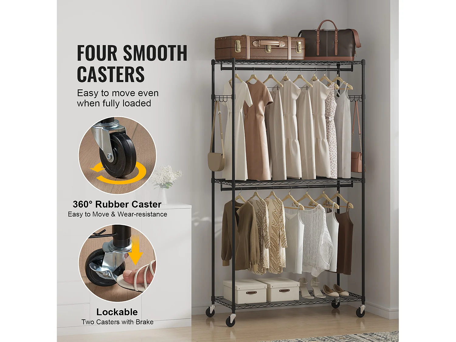 Appendiabiti, SucceBuy Appendiabiti con Ruote, 3 Ripiani, Capacità di Carico 180 kg