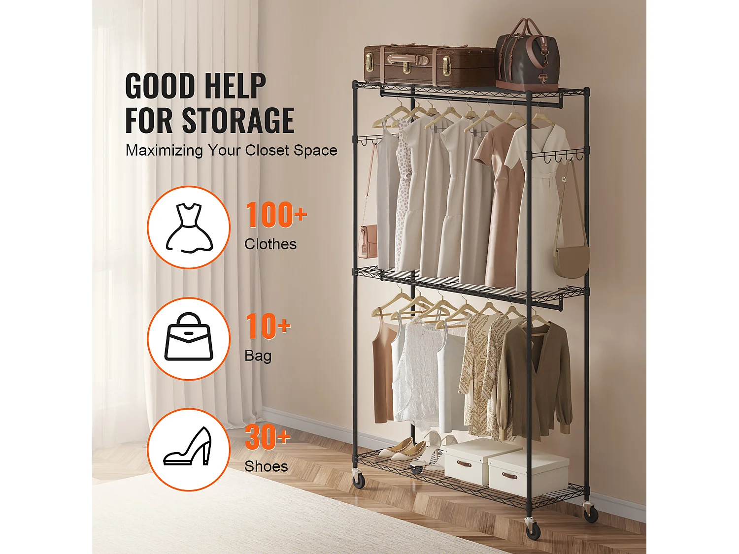 Appendiabiti, SucceBuy Appendiabiti con Ruote, 3 Ripiani, Capacità di Carico 180 kg