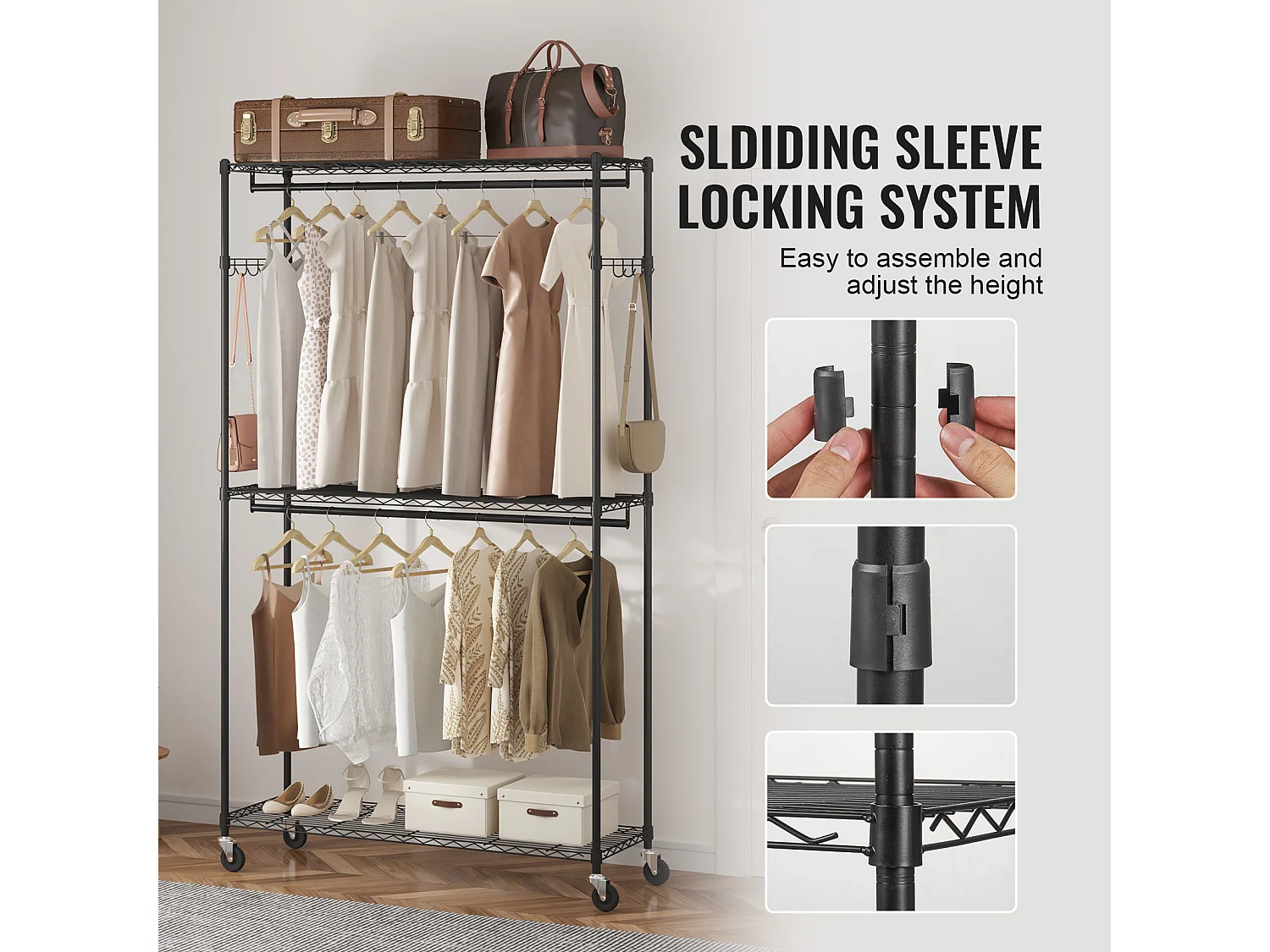 Appendiabiti, SucceBuy Appendiabiti con Ruote, 3 Ripiani, Capacità di Carico 180 kg