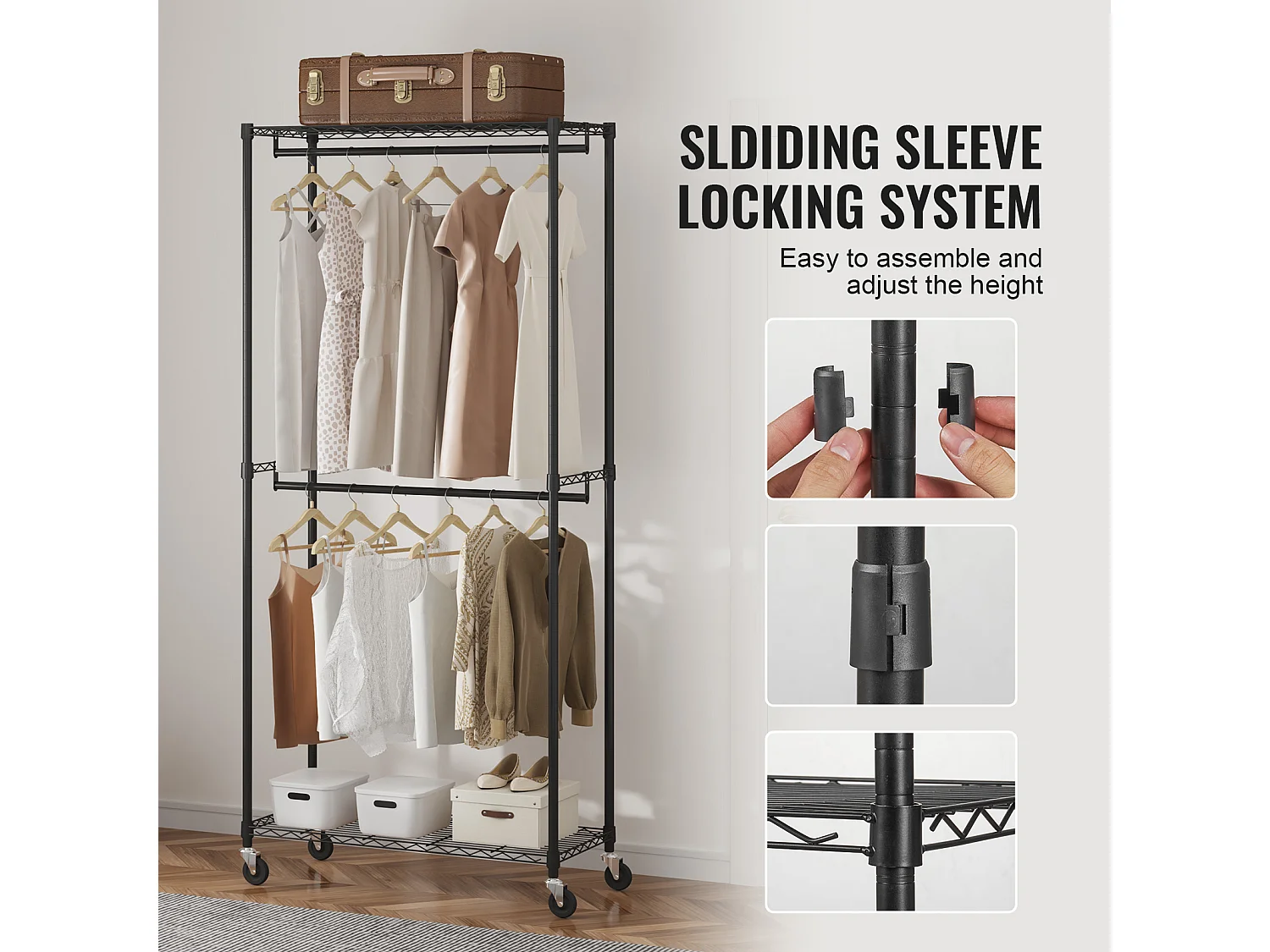 Portant à Vêtements, SucceBuy Porte-Vêtements Robuste, Doubles Tiges de Suspension, Supporte 136 kg