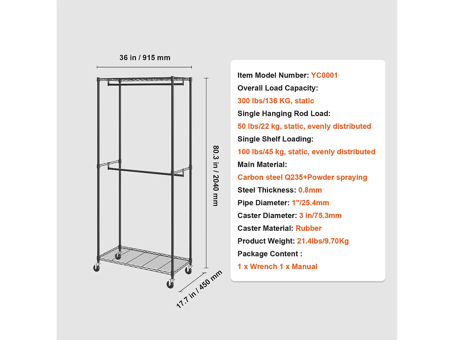 Portant à Vêtements, SucceBuy Porte-Vêtements Robuste, Doubles Tiges de Suspension, Supporte 136 kg