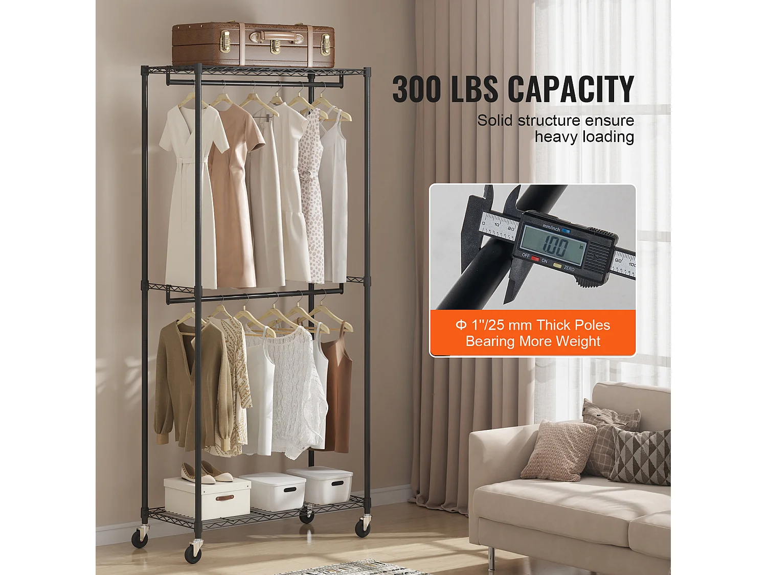 Portant à Vêtements, SucceBuy Porte-Vêtements Robuste, Doubles Tiges de Suspension, Supporte 136 kg