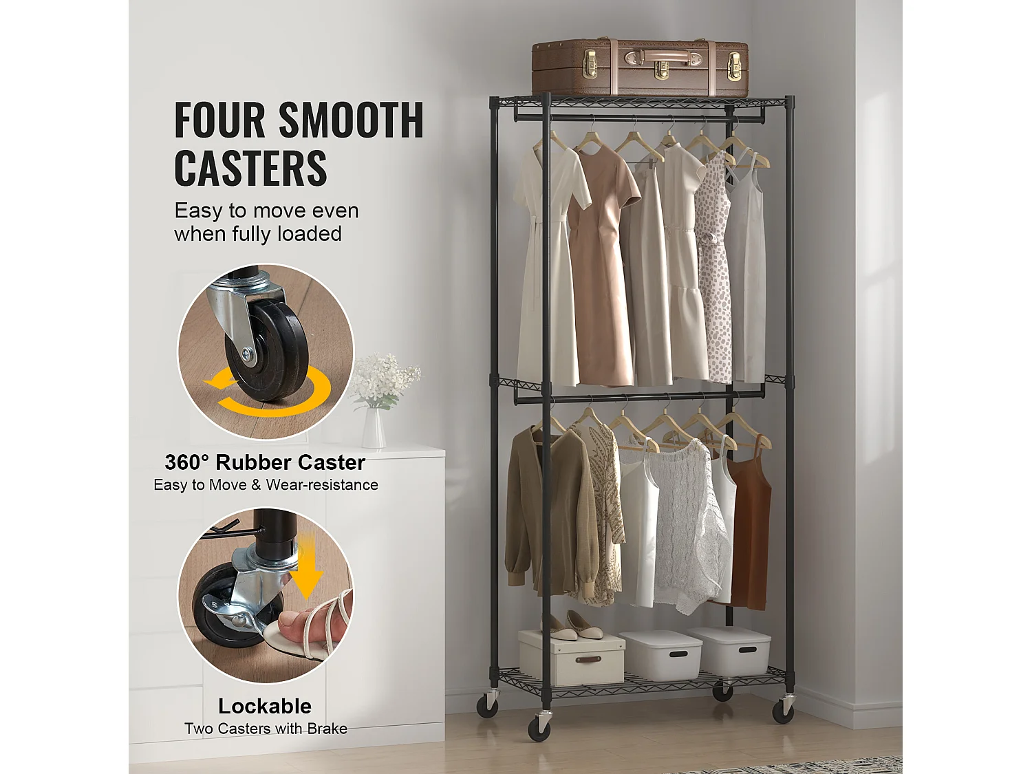 Portant à Vêtements, SucceBuy Porte-Vêtements Robuste, Doubles Tiges de Suspension, Supporte 136 kg