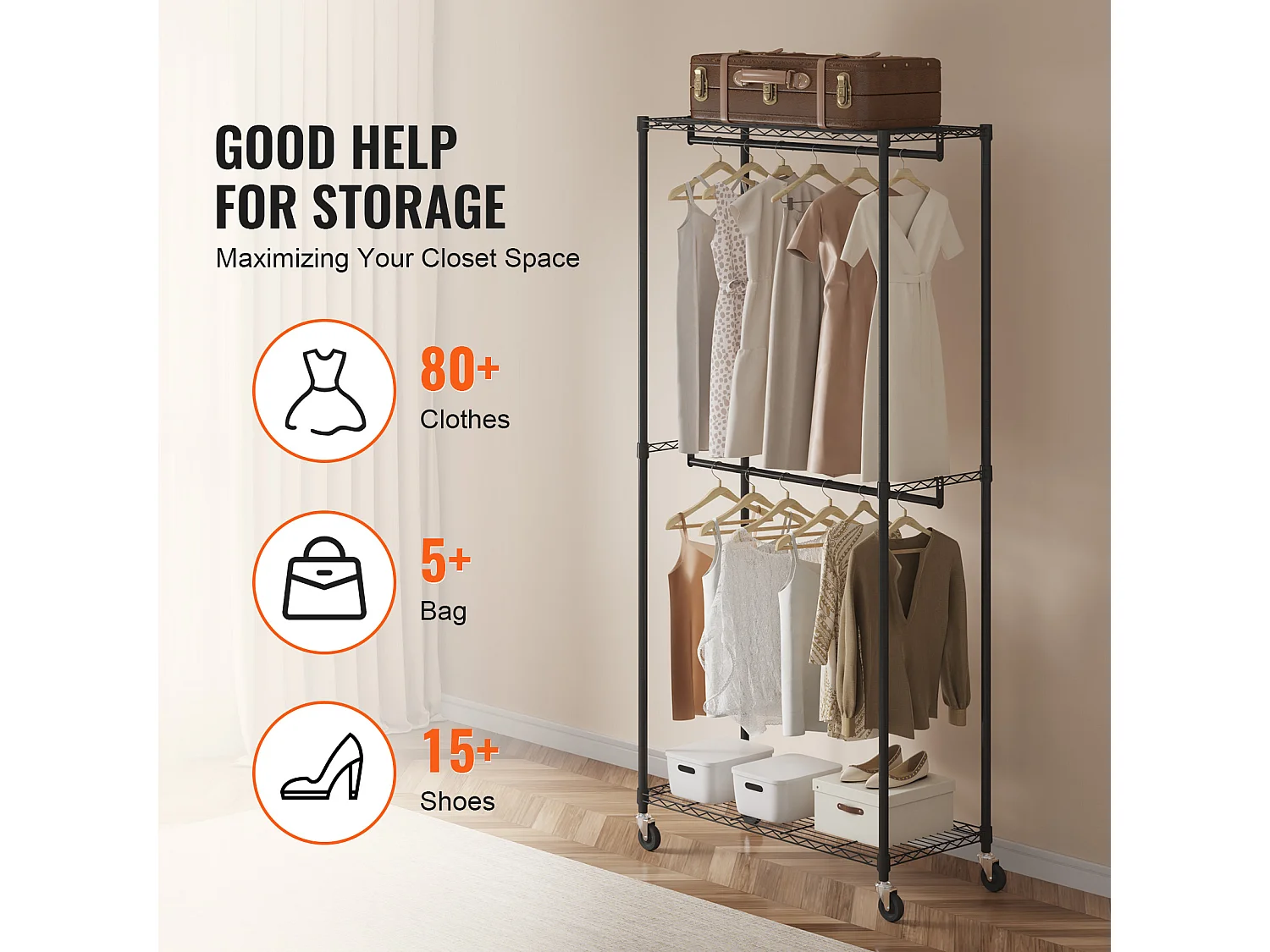 Portant à Vêtements, SucceBuy Porte-Vêtements Robuste, Doubles Tiges de Suspension, Supporte 136 kg