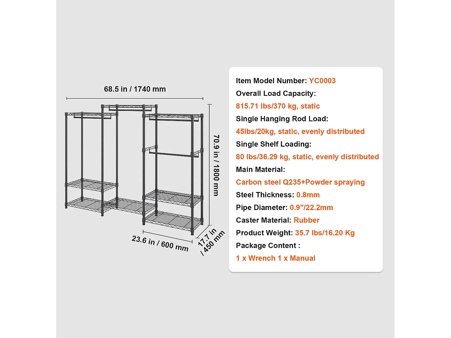 Portant à Vêtements, SucceBuy Portant à Vêtements Robuste, Capacité de 362 kg, 4 Tiges de Suspension et 8 Niveaux de Rangement, Porte-Vêtements Roulant