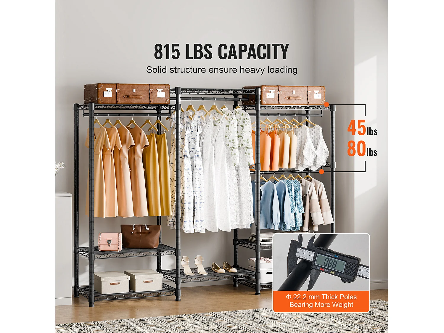 Portant à Vêtements, SucceBuy Portant à Vêtements Robuste, Capacité de 362 kg, 4 Tiges de Suspension et 8 Niveaux de Rangement, Porte-Vêtements Roulant