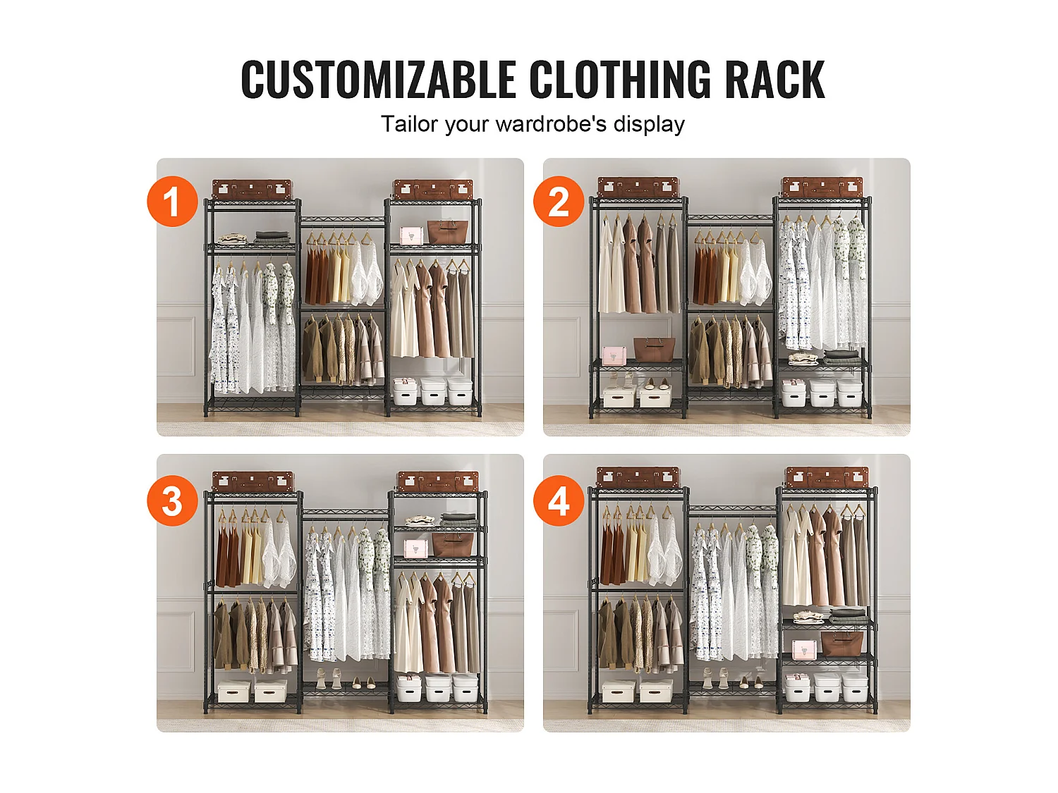 Portant à Vêtements, SucceBuy Portant à Vêtements Robuste, Capacité de 362 kg, 4 Tiges de Suspension et 8 Niveaux de Rangement, Porte-Vêtements Roulant