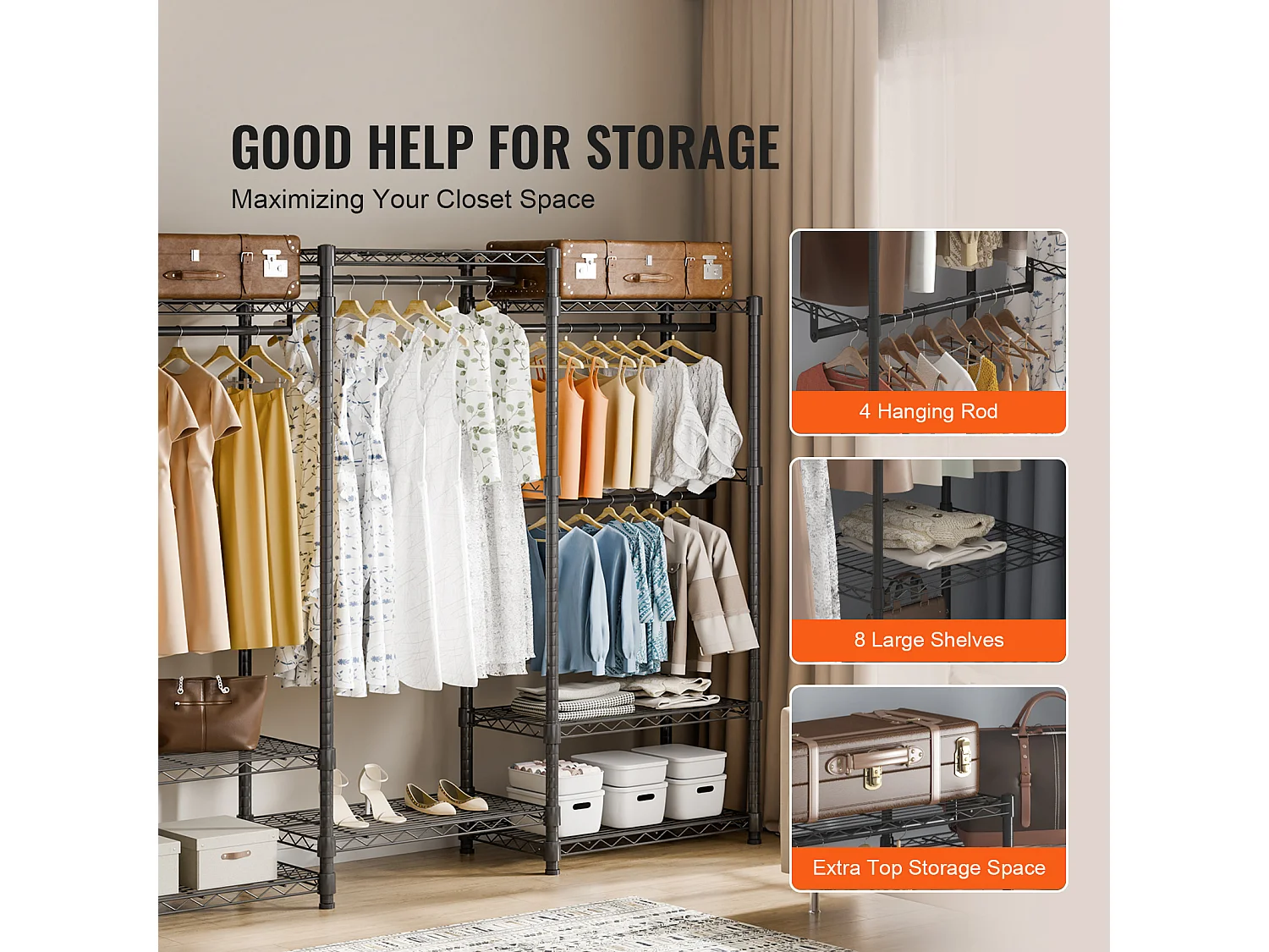 Portant à Vêtements, SucceBuy Portant à Vêtements Robuste, Capacité de 362 kg, 4 Tiges de Suspension et 8 Niveaux de Rangement, Porte-Vêtements Roulant