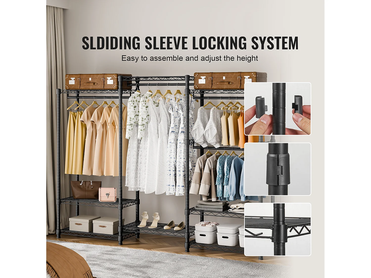 Portant à Vêtements, SucceBuy Portant à Vêtements Robuste, Capacité de 362 kg, 4 Tiges de Suspension et 8 Niveaux de Rangement, Porte-Vêtements Roulant