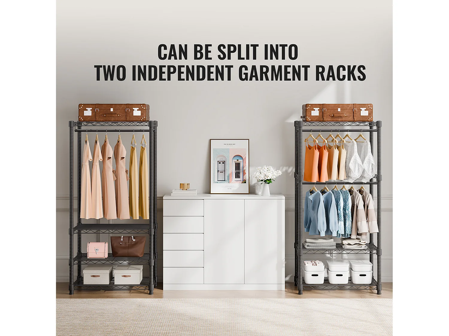 Portant à Vêtements, SucceBuy Portant à Vêtements Robuste, Capacité de 362 kg, 4 Tiges de Suspension et 8 Niveaux de Rangement, Porte-Vêtements Roulant