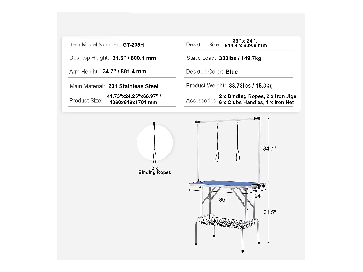 Table de Toilettage pour Animaux de Compagnie SucceBuy, 914.4x609.6mm , Capacité de 149,7 kg, à Hauteur Réglable avec Pince, Pliable
