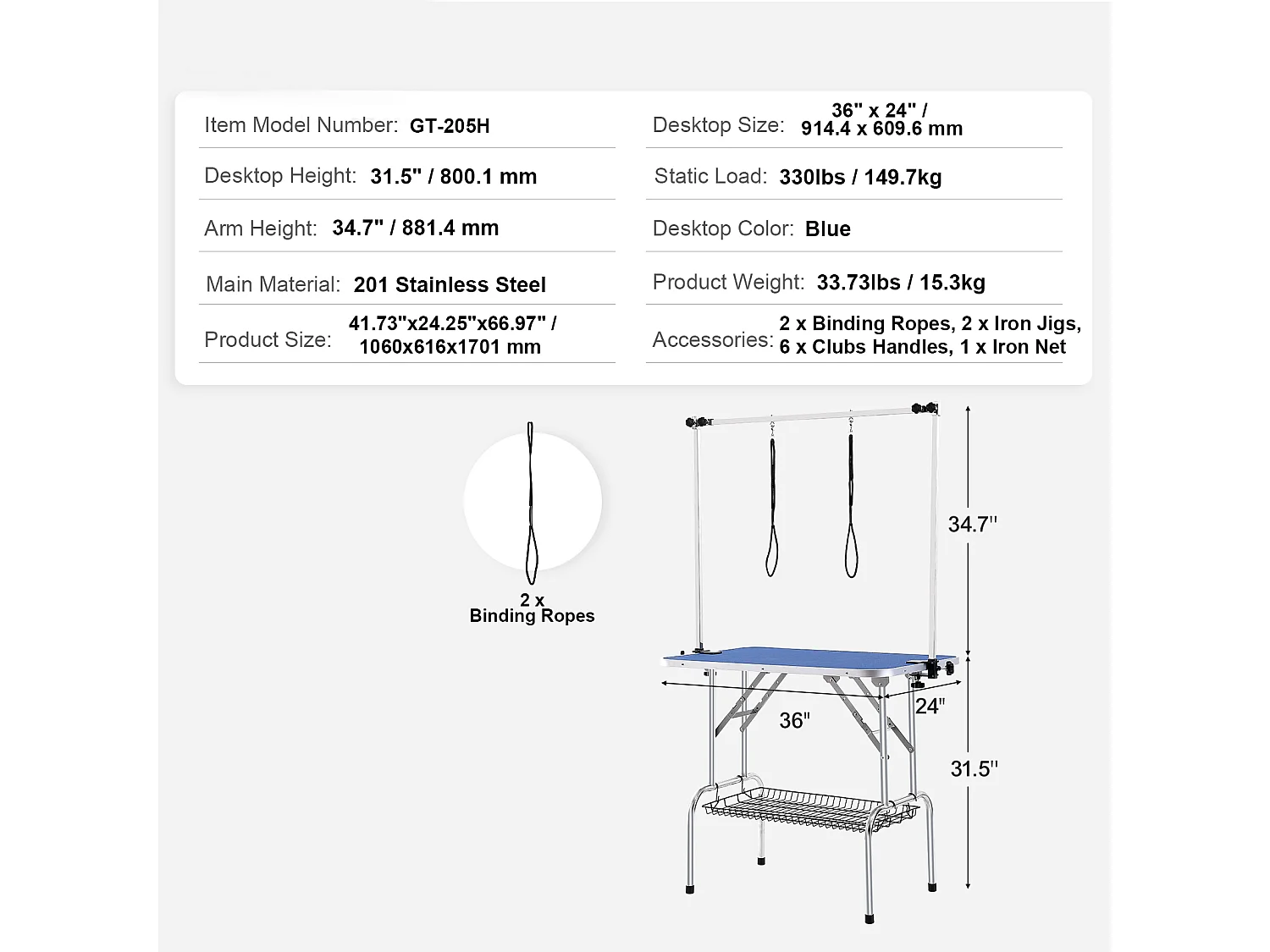 Table de Toilettage pour Animaux de Compagnie SucceBuy, 914.4x609.6mm , Capacité de 149,7 kg, à Hauteur Réglable avec Pince, Pliable