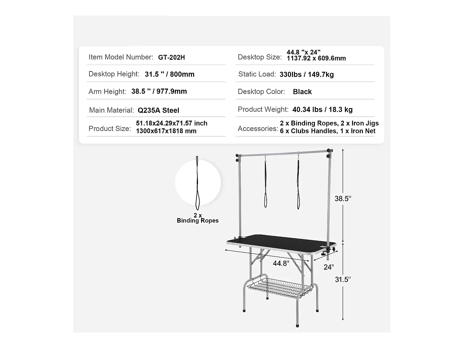 Table de Toilettage pour Animaux de Compagnie SucceBuy, 1137.9x609.6mm , Capacité de 149,7 kg, à Hauteur Réglable avec Pince, Pliable