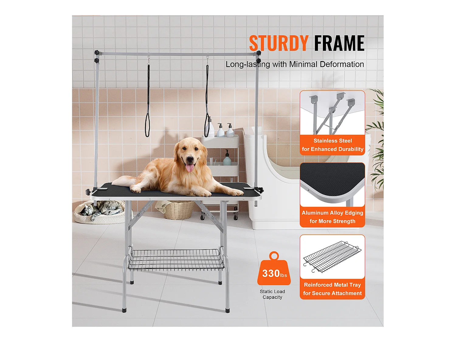 Table de Toilettage pour Animaux de Compagnie SucceBuy, 1137.9x609.6mm , Capacité de 149,7 kg, à Hauteur Réglable avec Pince, Pliable
