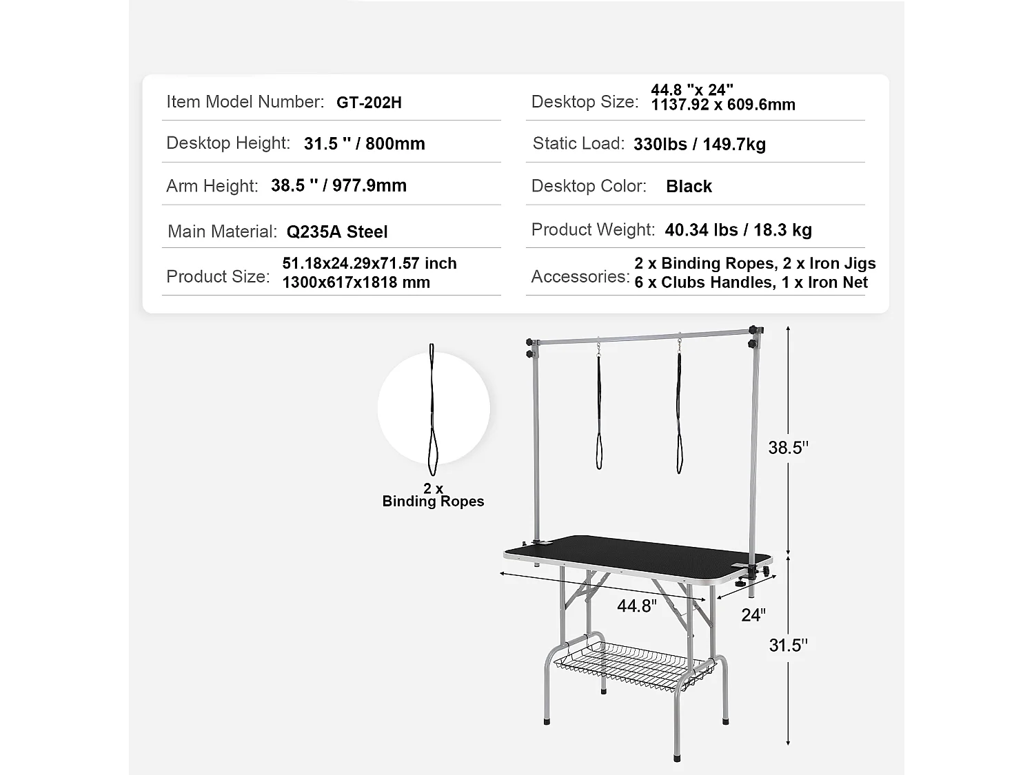 Table de Toilettage pour Animaux de Compagnie SucceBuy, 1137.9x609.6mm , Capacité de 149,7 kg, à Hauteur Réglable avec Pince, Pliable