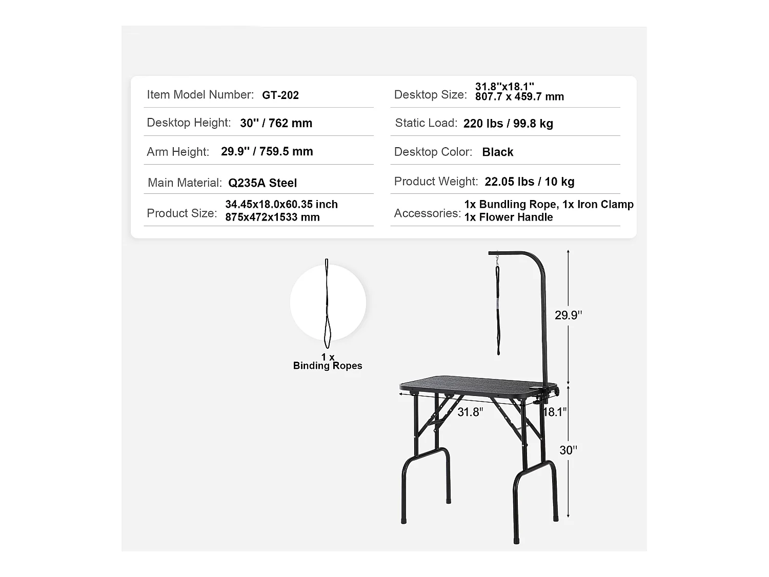 Table de Toilettage pour Animaux de Compagnie SucceBuy,807,7x459,7 mm, Capacité de 99,8 kg, à Hauteur Réglable avec Pince, Pliable