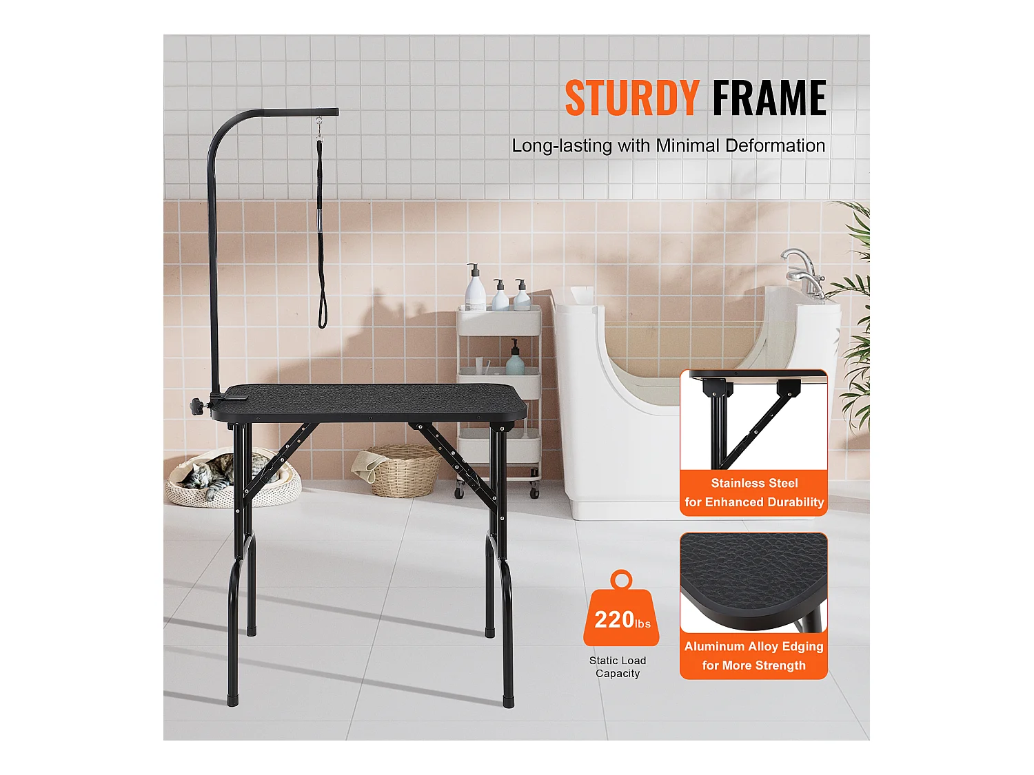 Table de Toilettage pour Animaux de Compagnie SucceBuy,807,7x459,7 mm, Capacité de 99,8 kg, à Hauteur Réglable avec Pince, Pliable