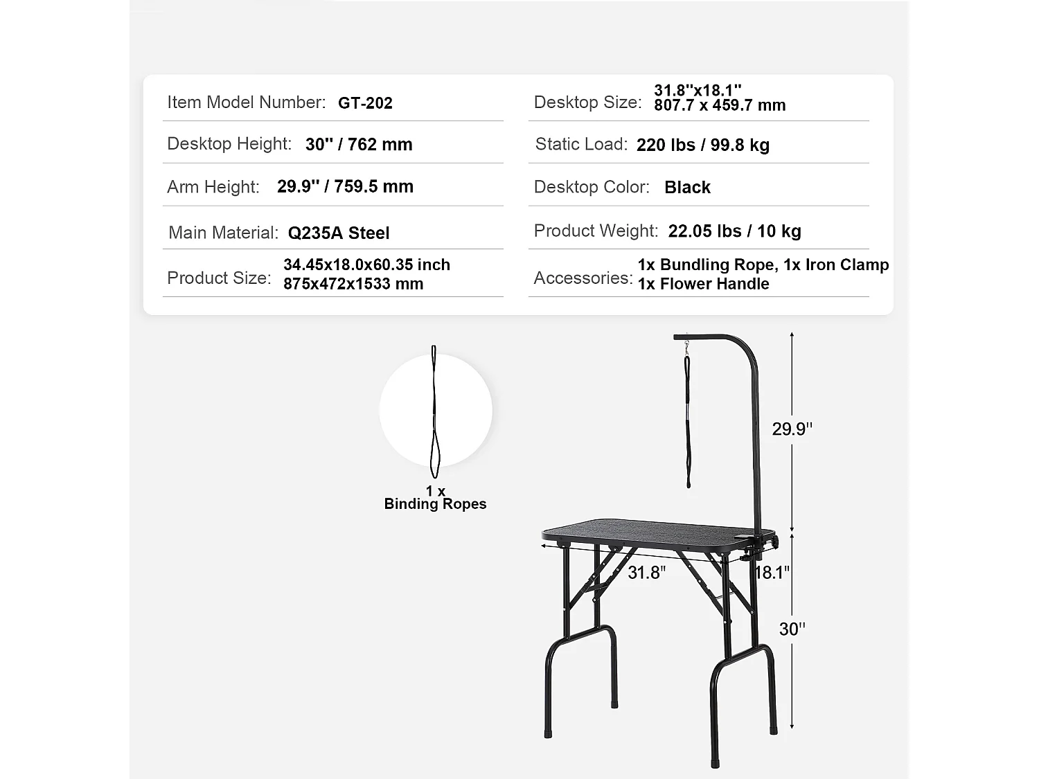 Table de Toilettage pour Animaux de Compagnie SucceBuy,807,7x459,7 mm, Capacité de 99,8 kg, à Hauteur Réglable avec Pince, Pliable