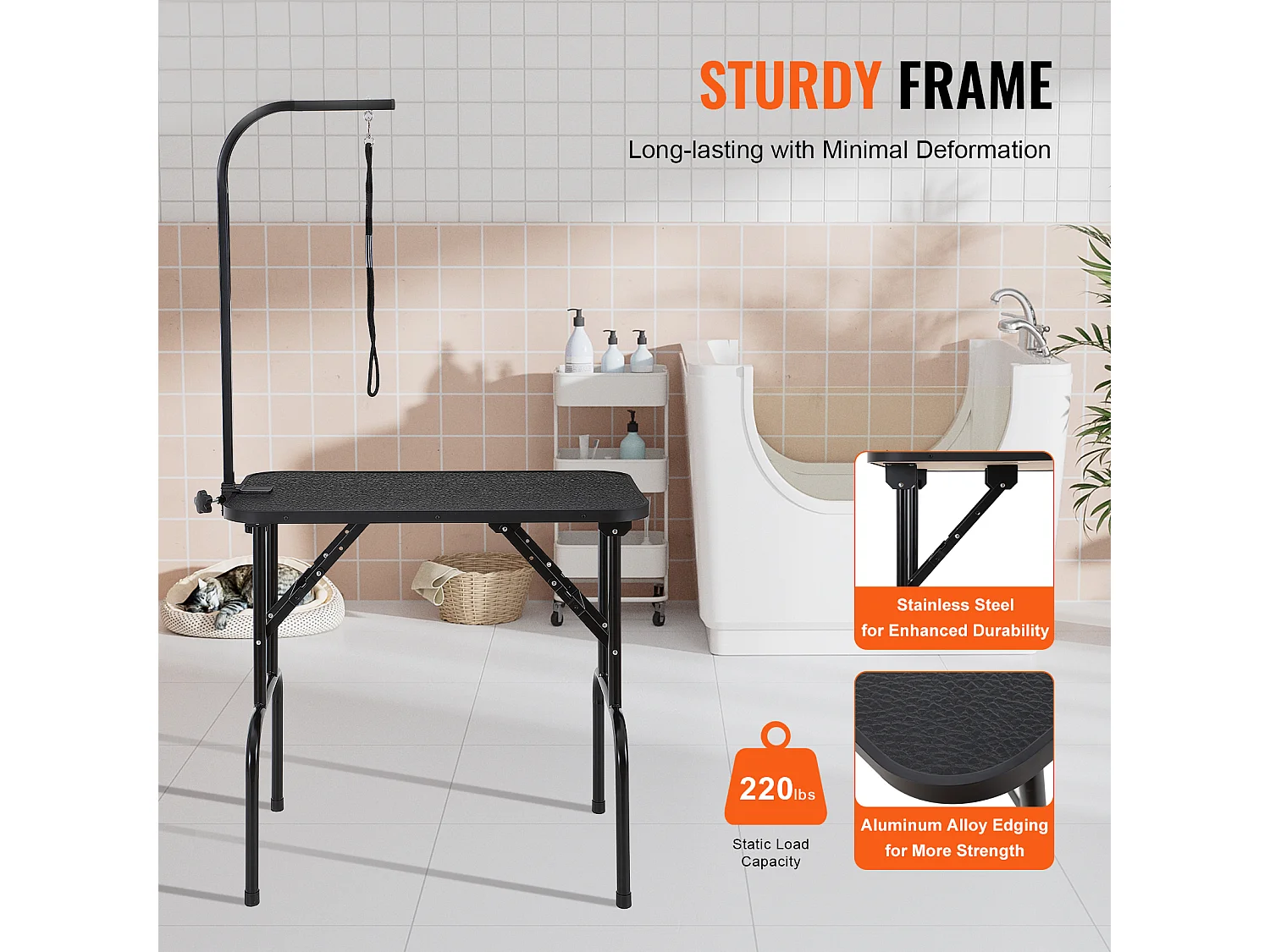 Table de Toilettage pour Animaux de Compagnie SucceBuy,807,7x459,7 mm, Capacité de 99,8 kg, à Hauteur Réglable avec Pince, Pliable