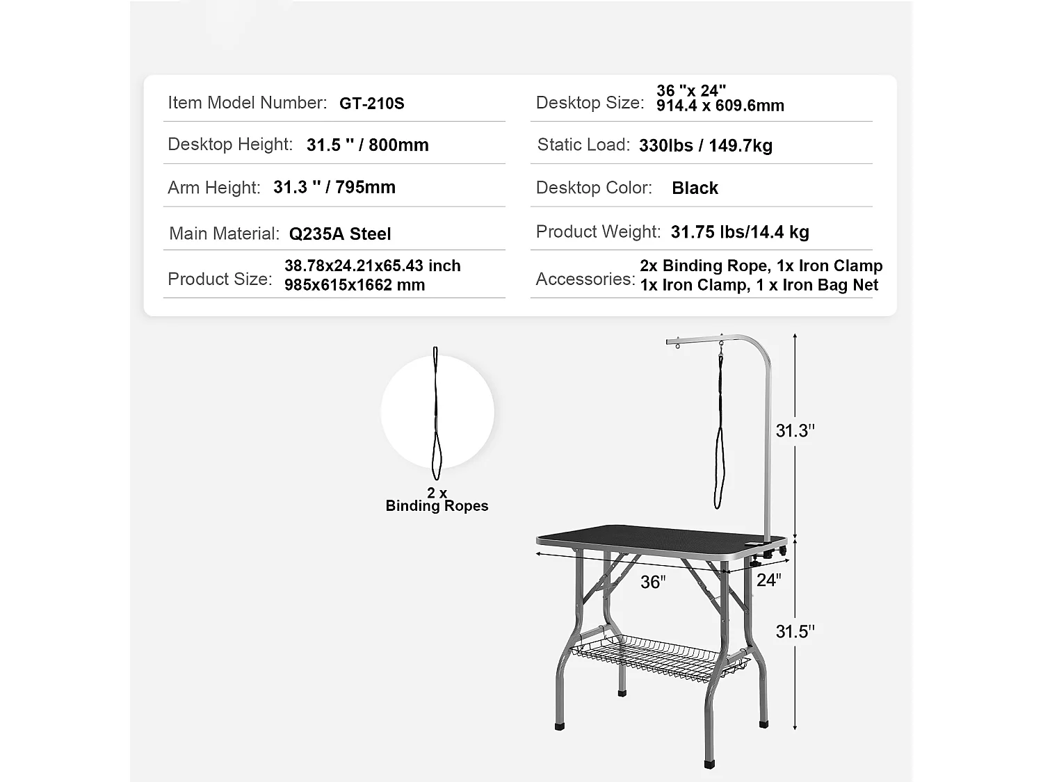 Table de Toilettage pour Animaux de Compagnie SucceBuy,915 x 610 mm, Capacité de 149,7 kg, à Hauteur Réglable avec Pince, Pliable