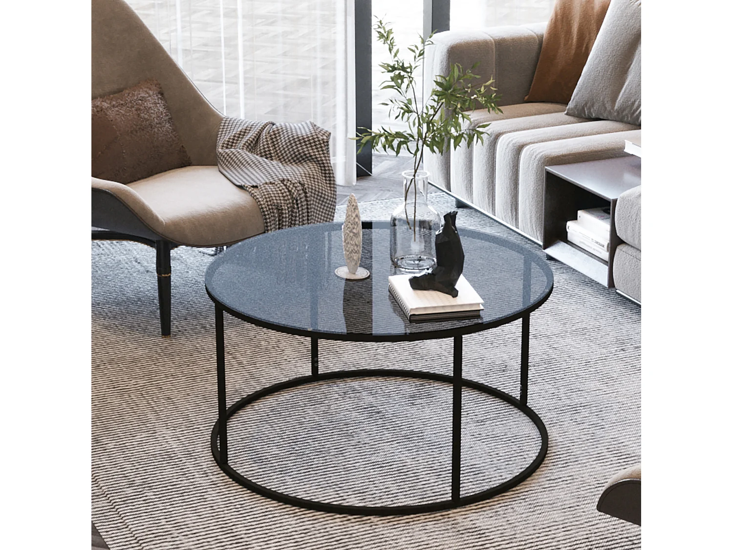 Table basse Kolari forme ronde en verre trempé fumé 45 x 80 cm noir [en.casa]