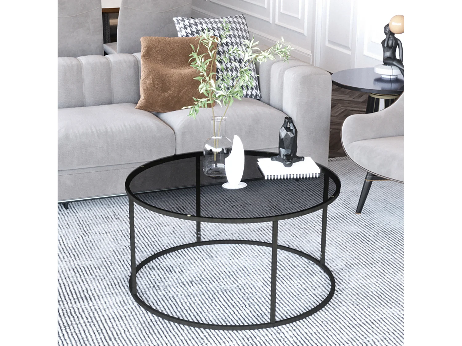 Table basse Kolari forme ronde en verre trempé fumé 45 x 80 cm noir [en.casa]