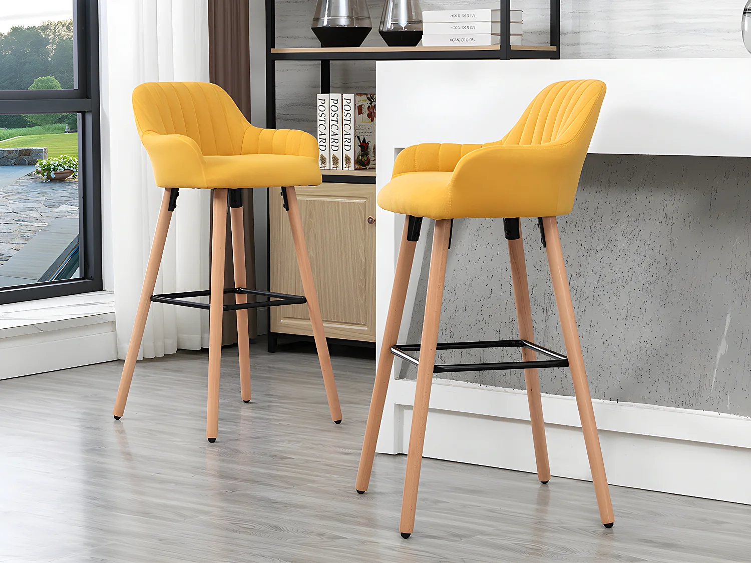 Lot de 2 tabourets de bar en tissu et pieds bois de hêtre - Jaune - ELEANA