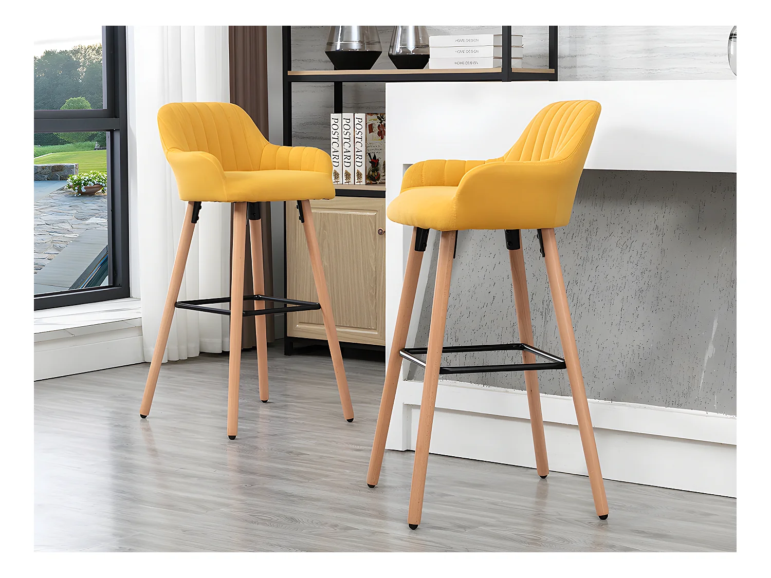 Lot de 2 tabourets de bar en tissu et pieds bois de hêtre - Jaune - ELEANA