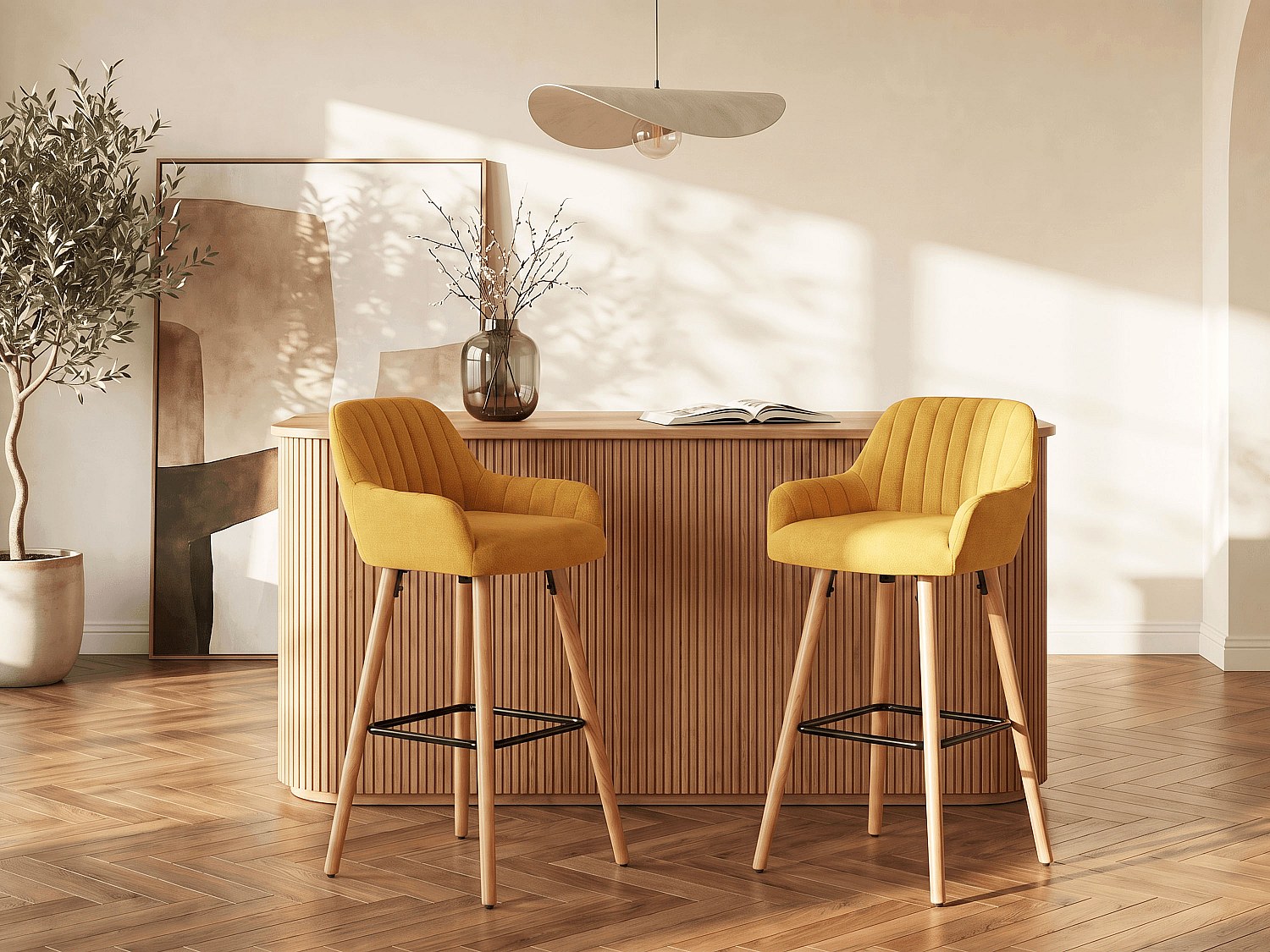 Vente-unique Barhocker 2er-Set - Stoff & Buche - Gelb - Eleana
