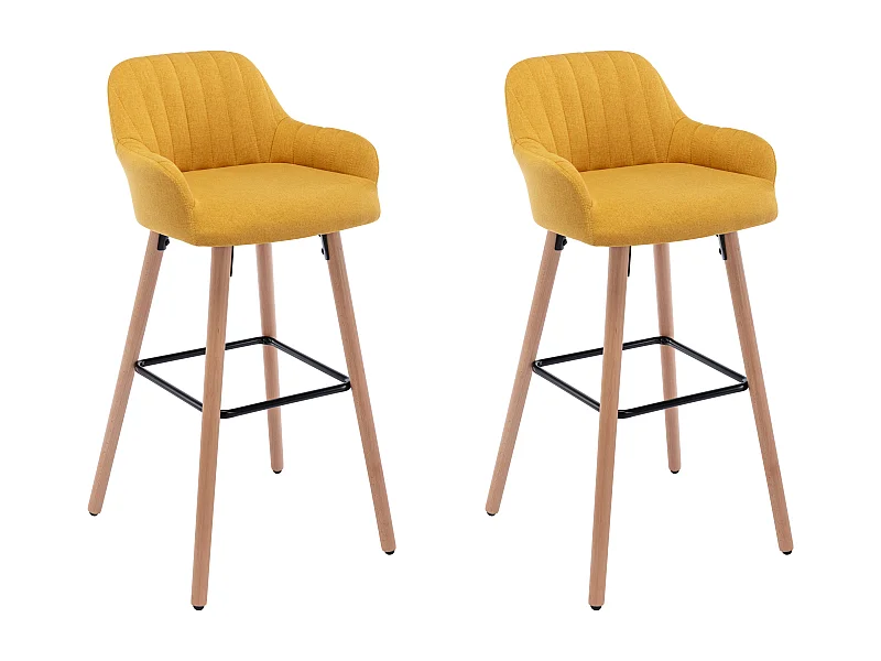 Lot de 2 tabourets de bar en tissu et pieds bois de hêtre - Jaune - ELEANA