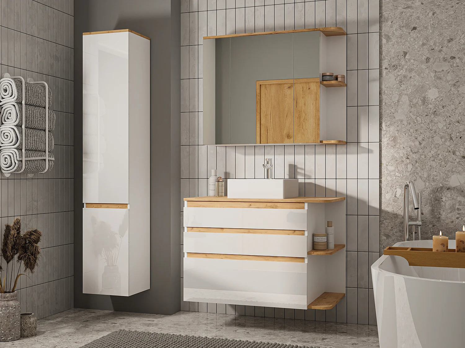 Mobile per bagno sospeso lavabo singolo 94 cm Naturale chiaro e Bianco - ANIDA