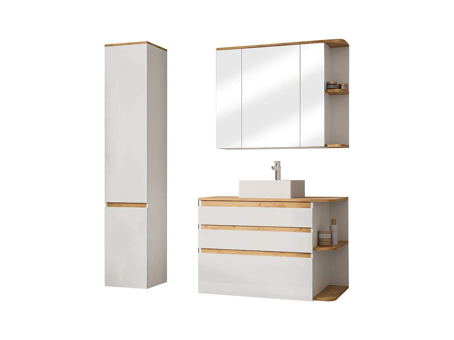 Meuble de salle de bain suspendu bois et blanc avec simple vasque, colonne et armoire de toilette - 94 cm - ANIDA