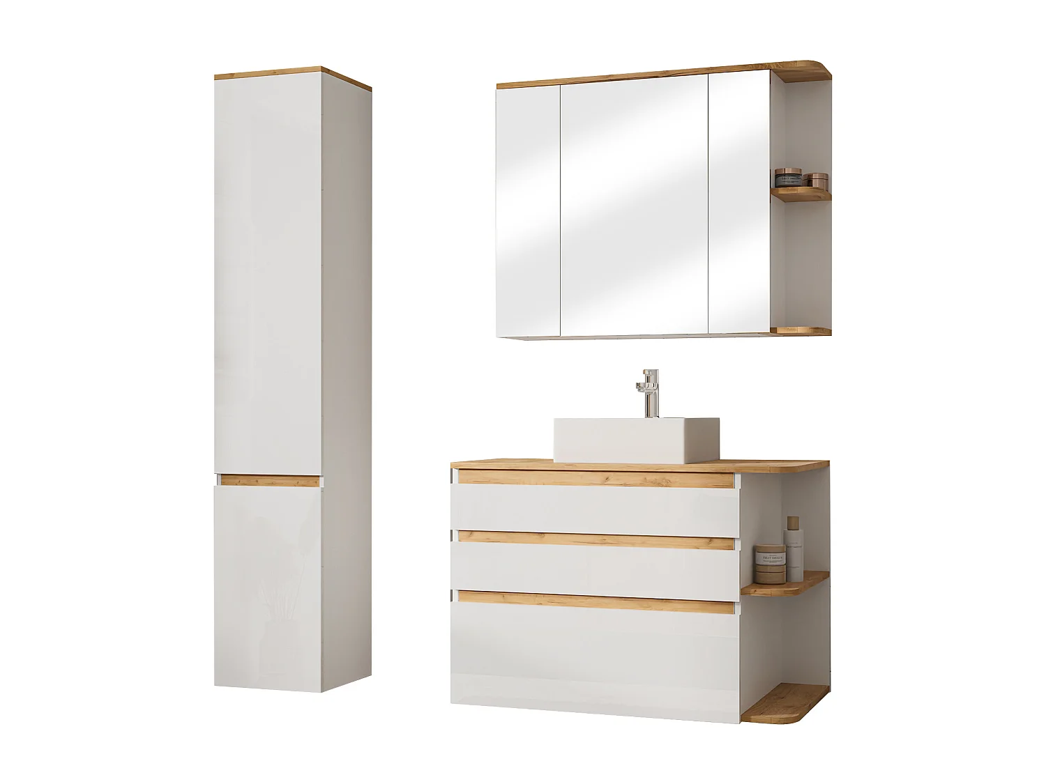 Mobile per bagno sospeso con lavabo singolo Legno e Bianco, colonna e armadietto bagno 94 cm - ANIDA