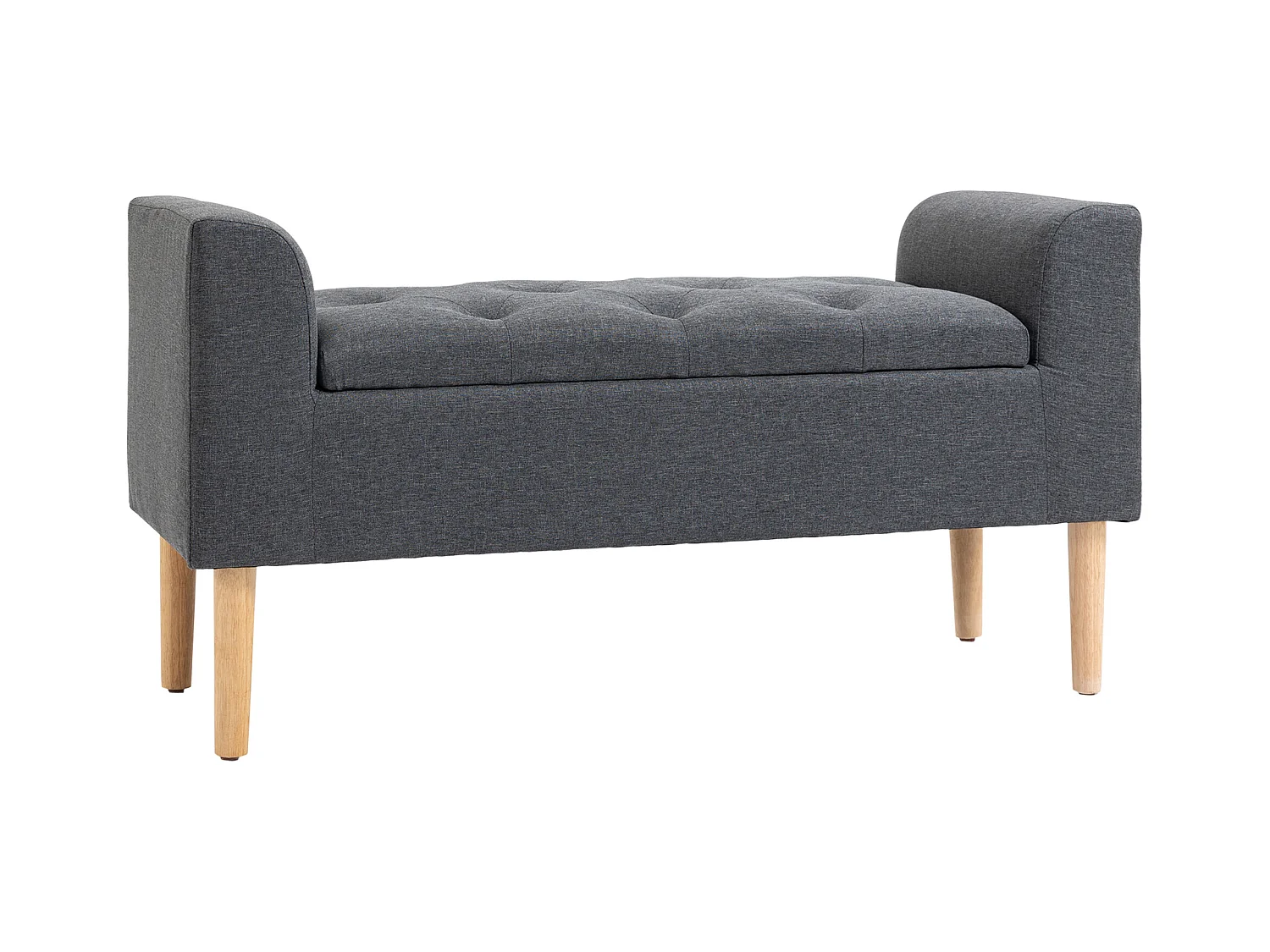 Banquette coffre de rangement 2 en 1 design Chesterfield assise capitonnée accoudoirs courbés pieds effilés bois d'hévéa aspect lin gris
