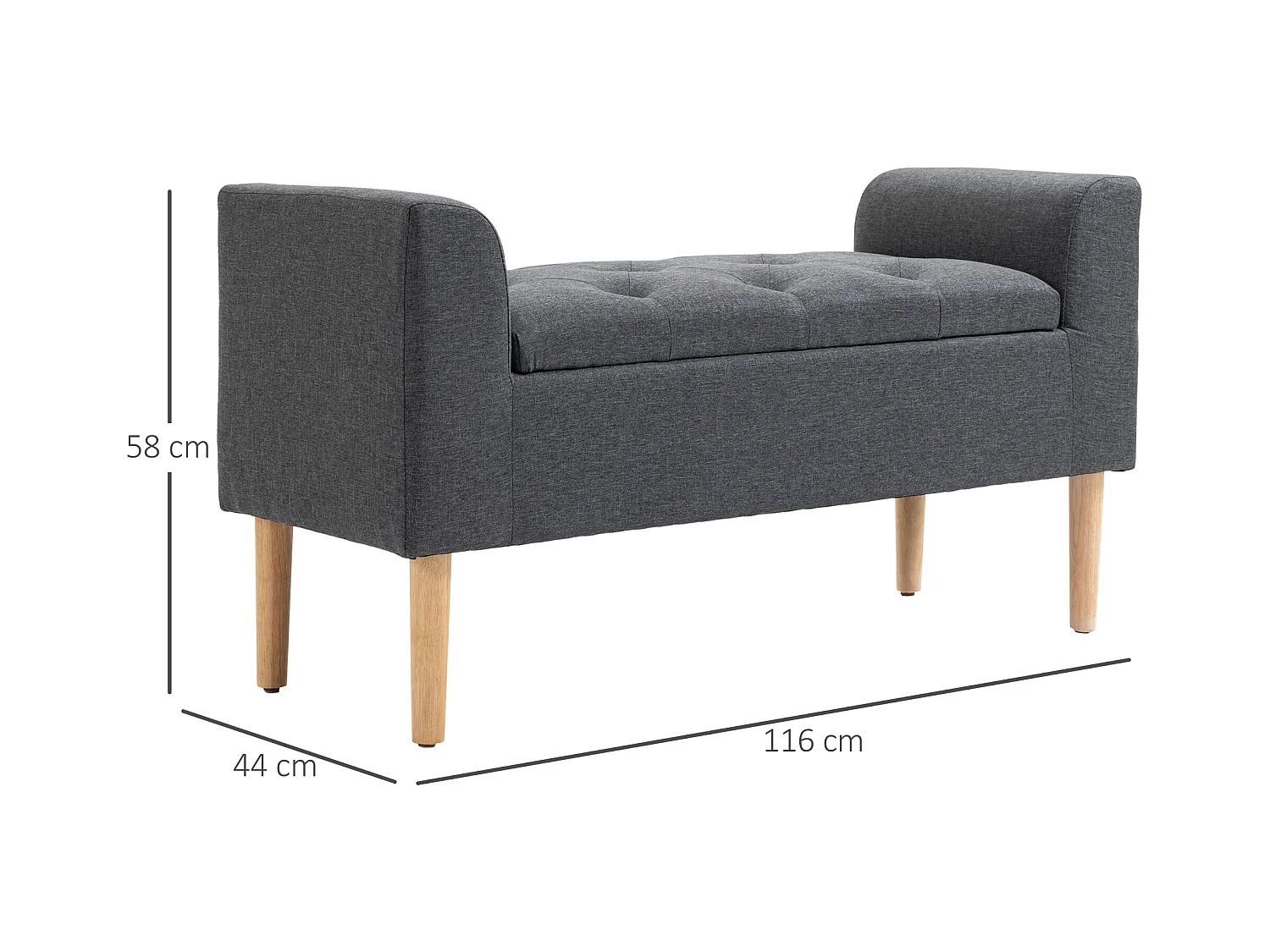 Banquette coffre de rangement 2 en 1 design Chesterfield assise capitonnée accoudoirs courbés pieds effilés bois d'hévéa aspect lin gris