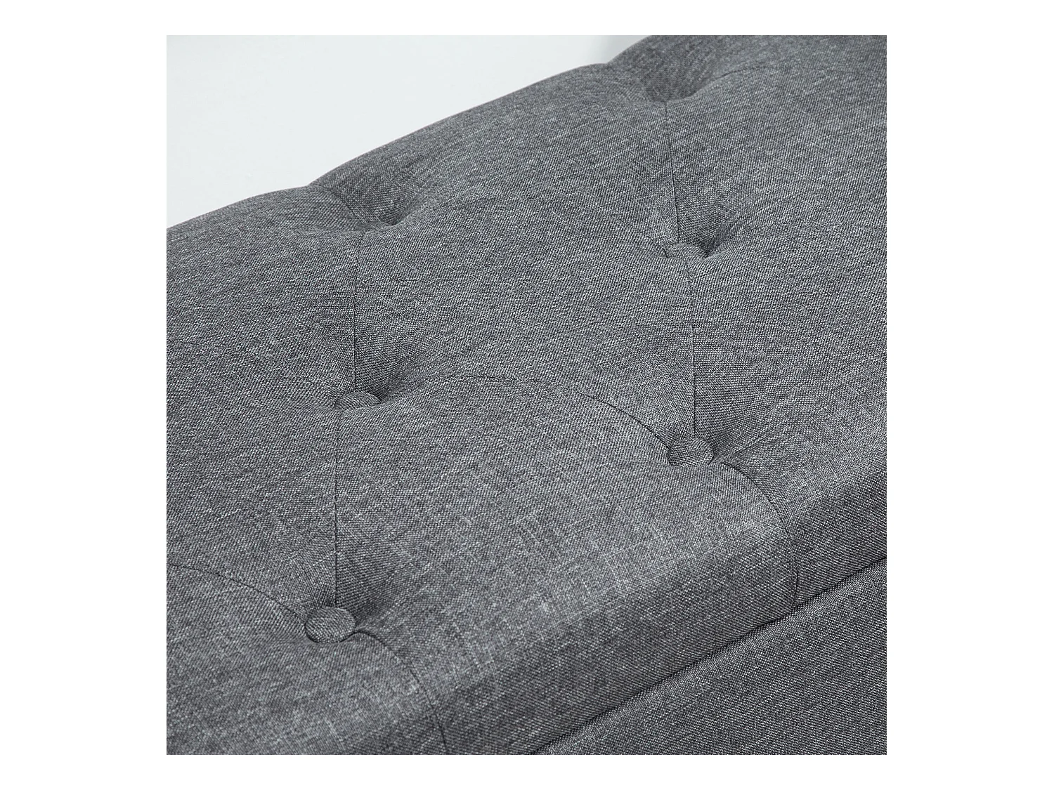 Banquette coffre de rangement 2 en 1 design Chesterfield assise capitonnée accoudoirs courbés pieds effilés bois d'hévéa aspect lin gris