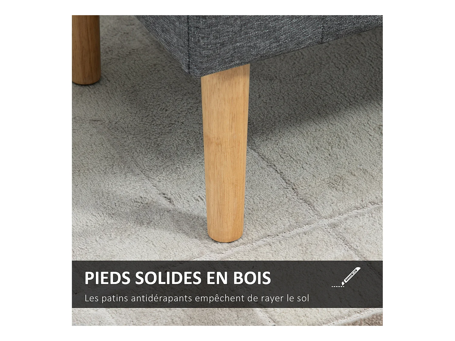 Banquette coffre de rangement 2 en 1 design Chesterfield assise capitonnée accoudoirs courbés pieds effilés bois d'hévéa aspect lin gris