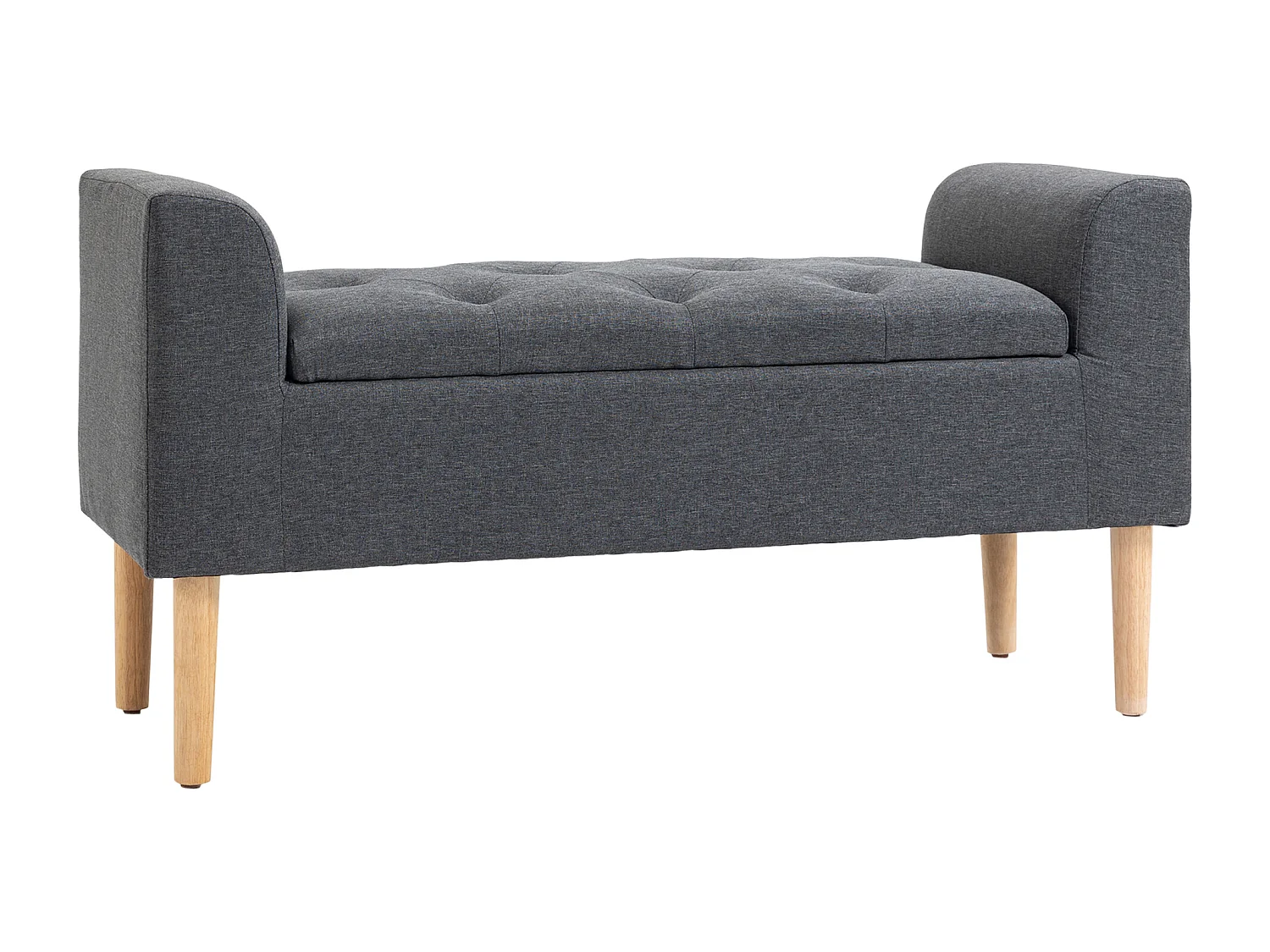 Banquette coffre de rangement 2 en 1 design Chesterfield assise capitonnée accoudoirs courbés pieds effilés bois d'hévéa aspect lin gris