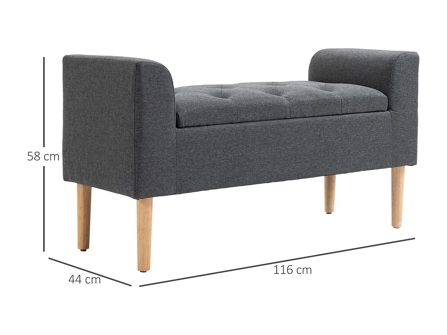 Banquette coffre de rangement 2 en 1 design Chesterfield assise capitonnée accoudoirs courbés pieds effilés bois d'hévéa aspect lin gris