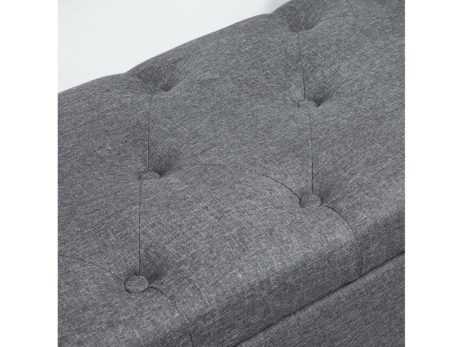 Banquette coffre de rangement 2 en 1 design Chesterfield assise capitonnée accoudoirs courbés pieds effilés bois d'hévéa aspect lin gris