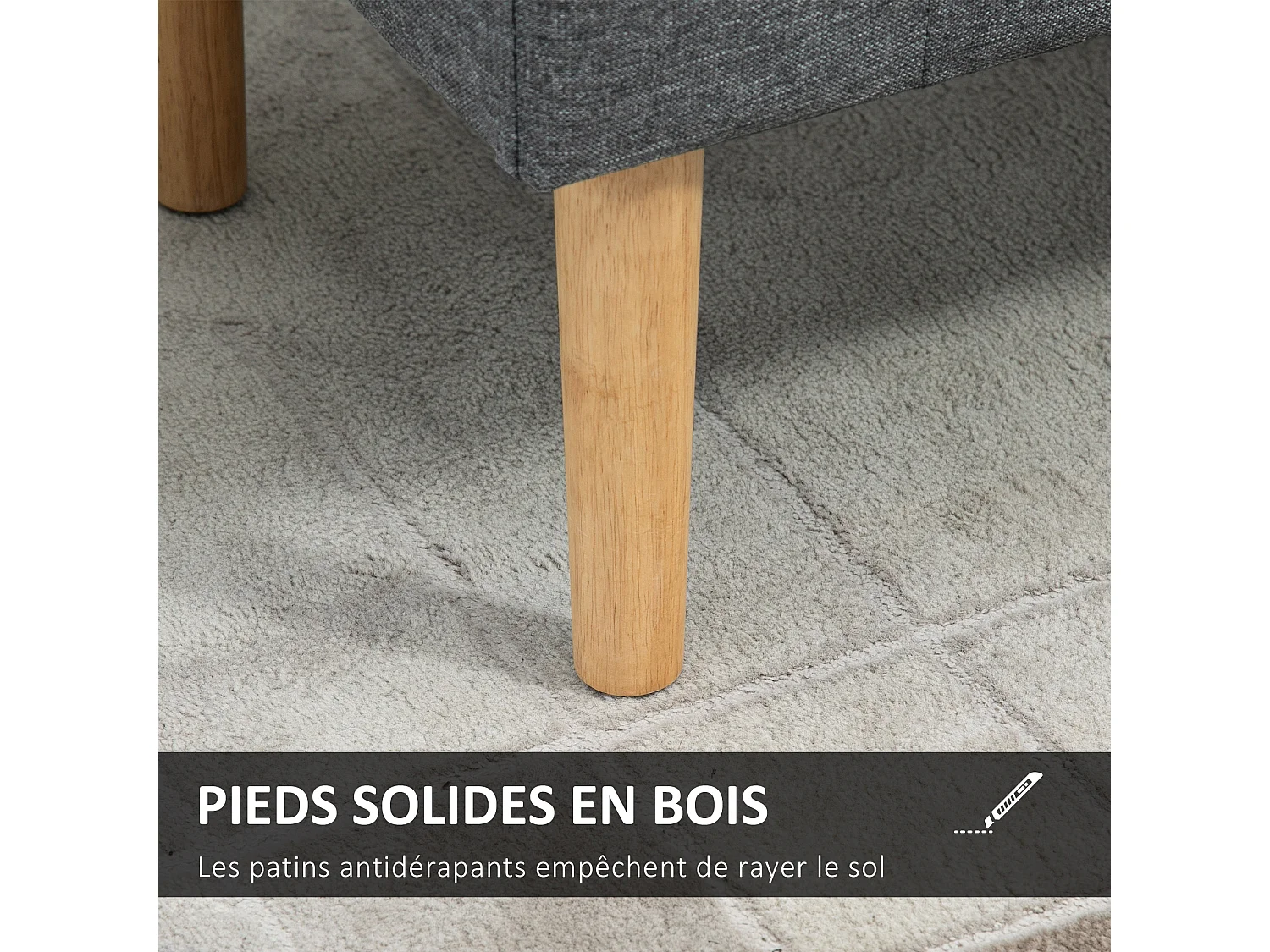 Banquette coffre de rangement 2 en 1 design Chesterfield assise capitonnée accoudoirs courbés pieds effilés bois d'hévéa aspect lin gris