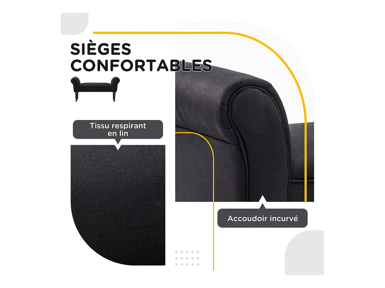 Banc banquette design contemporain accoudoirs courbés grand confort 102L x 31l x 51H cm noir