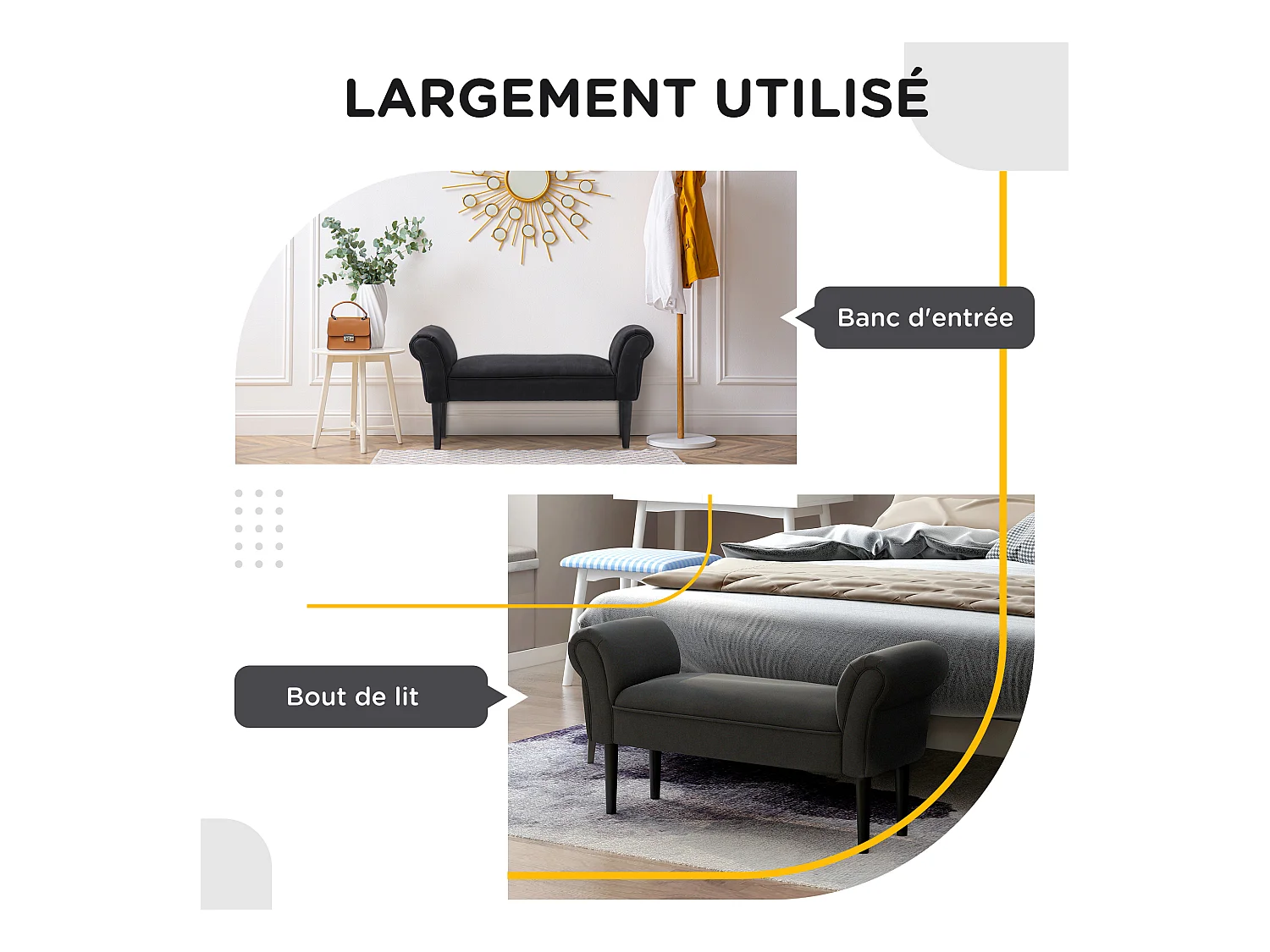 Banc banquette design contemporain accoudoirs courbés grand confort 102L x 31l x 51H cm noir