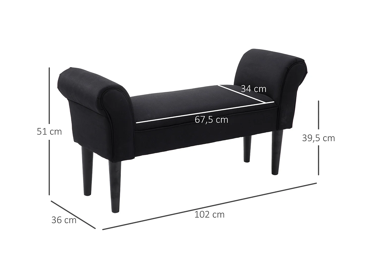Banc banquette design contemporain accoudoirs courbés grand confort 102L x 31l x 51H cm noir